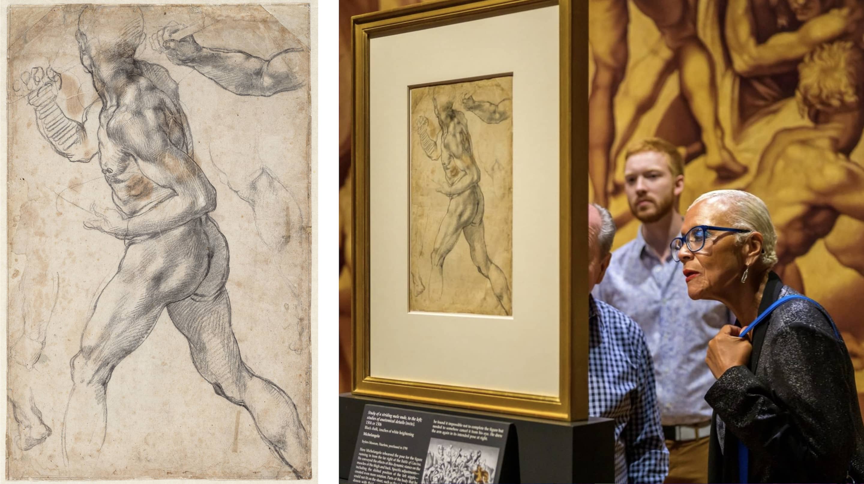 Left: a drawing of a nude male body, seen from behind; Right: a woman viewing this drawing in a museum gallery.
