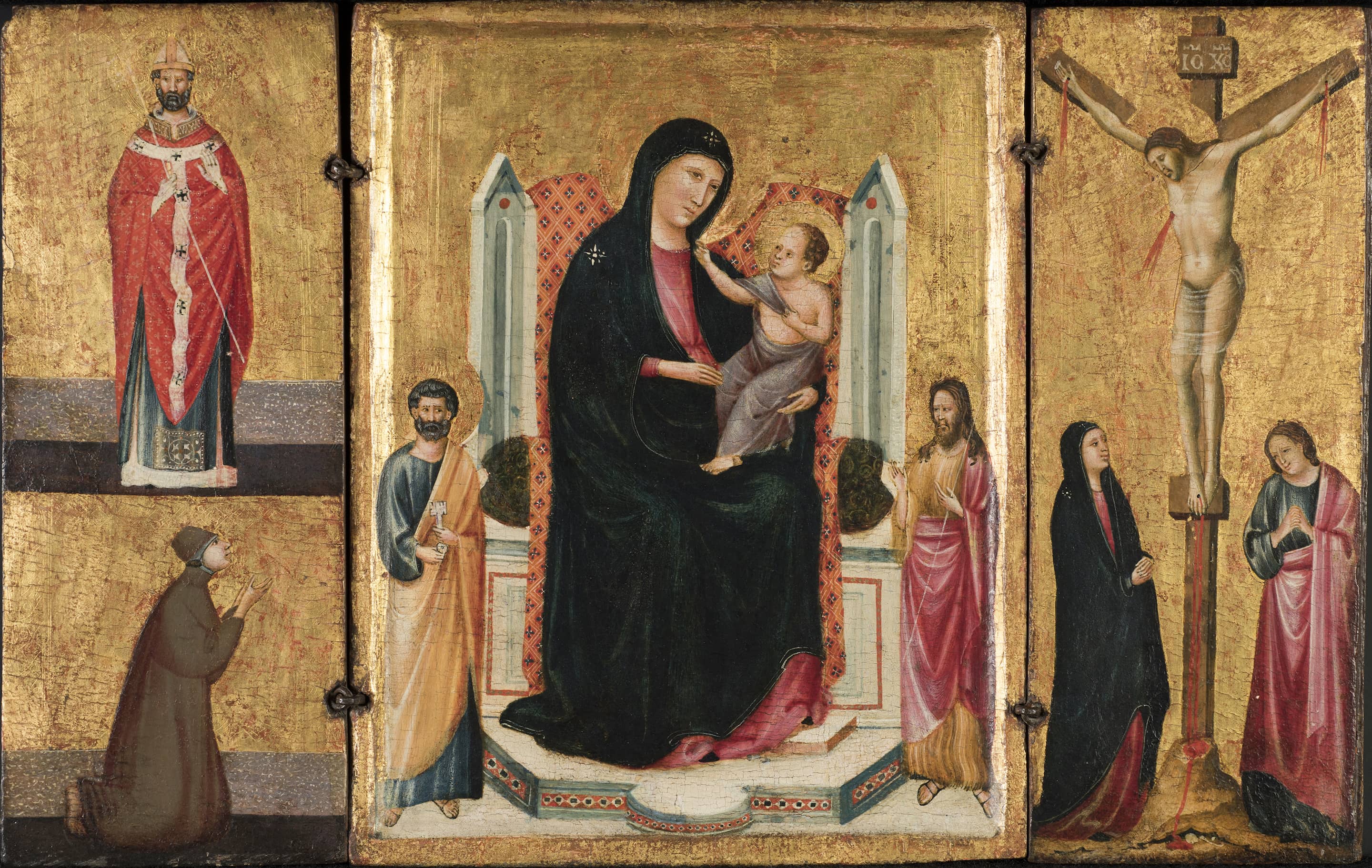 Triptych with images of two saints on the left panel, the Madonna and Child on the middle panel, and the Crucifixion on the right panel, and a gold leaf background.