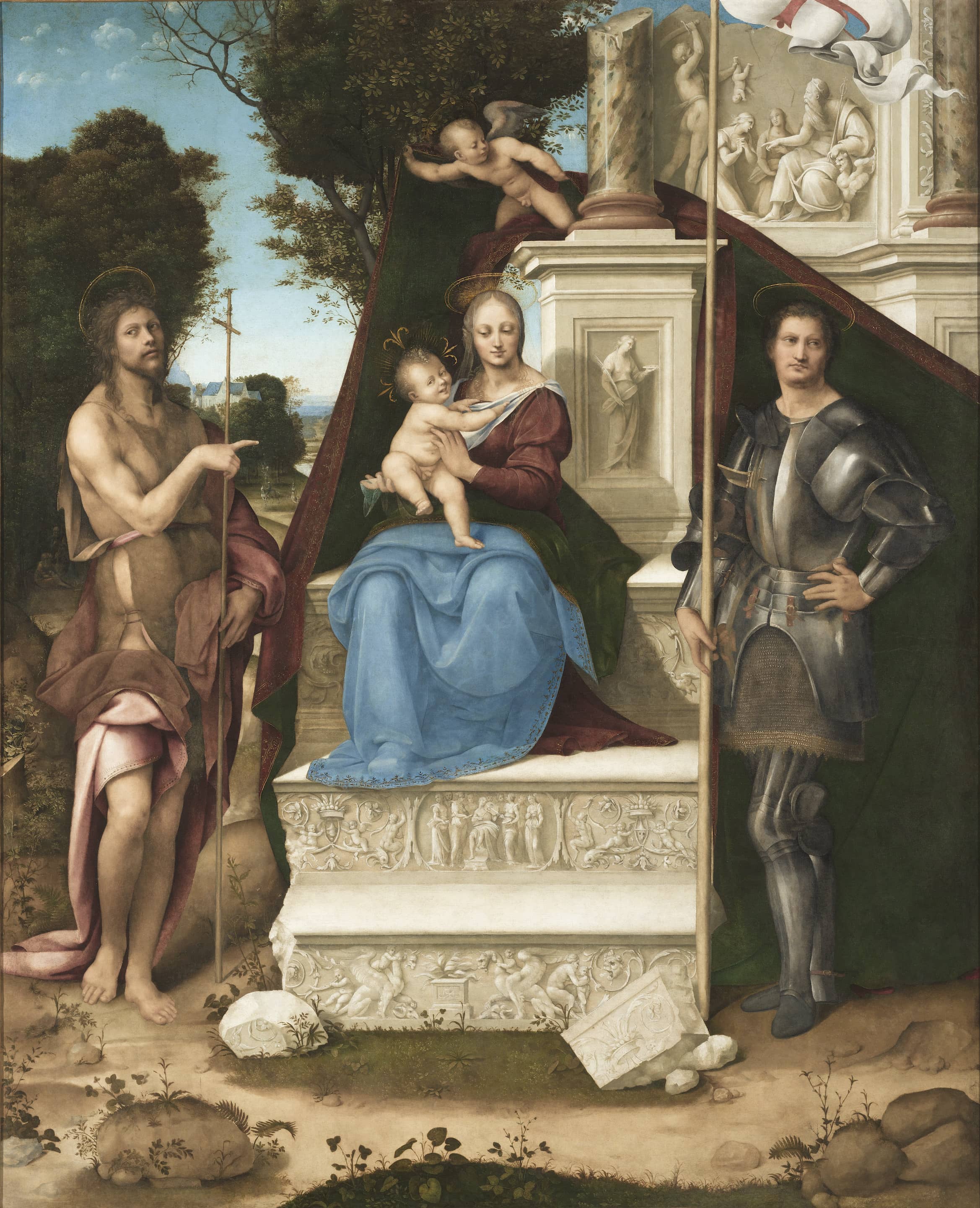 Madonna and Child sitting on a throne, flanked on the right by Saint George in armor carring a flag and Saint John the Baptist holding a cross.
