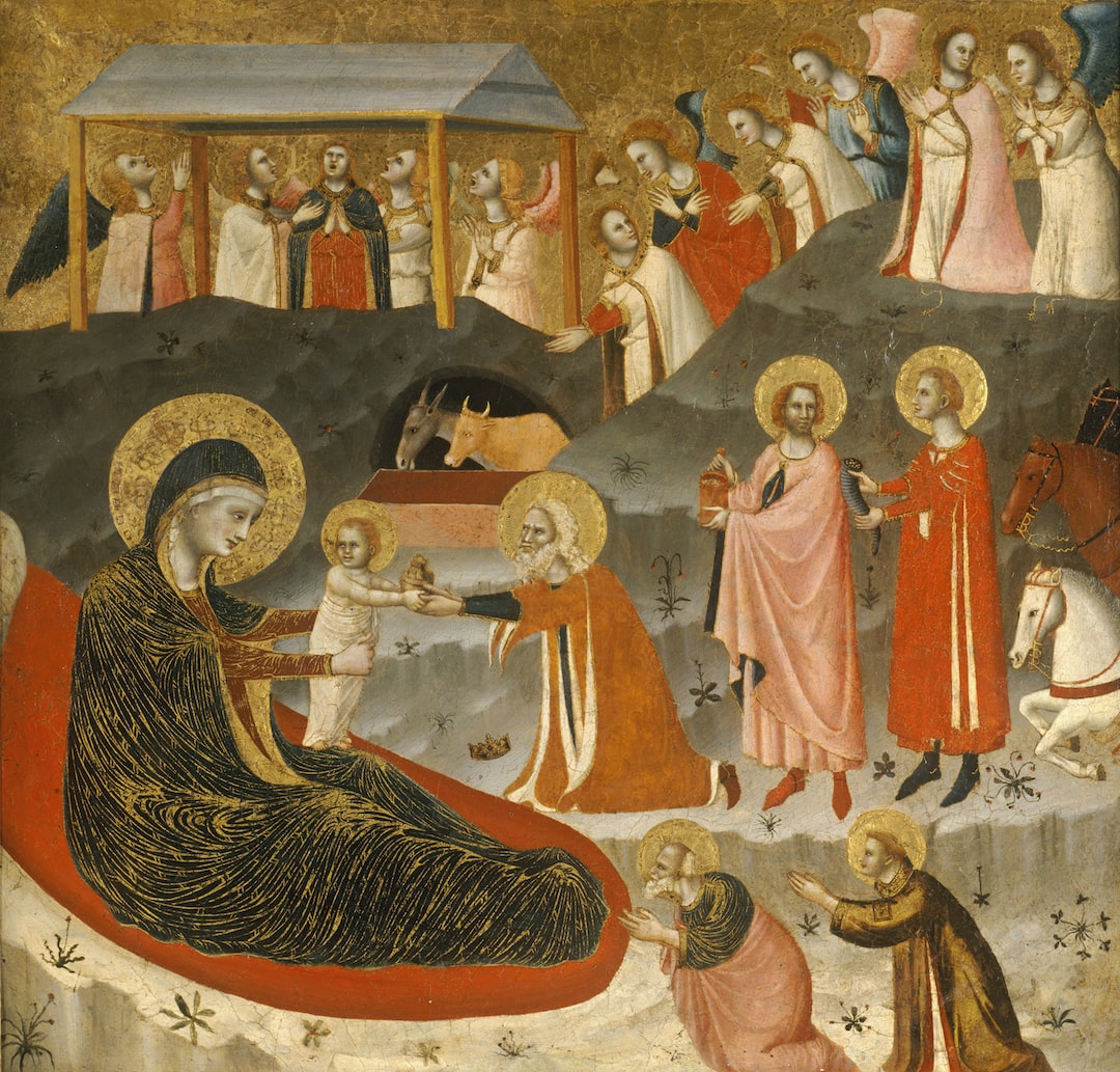 The Magi give gifts to the Christ Child on the Madonna's lap while angels watch and sing in the background.