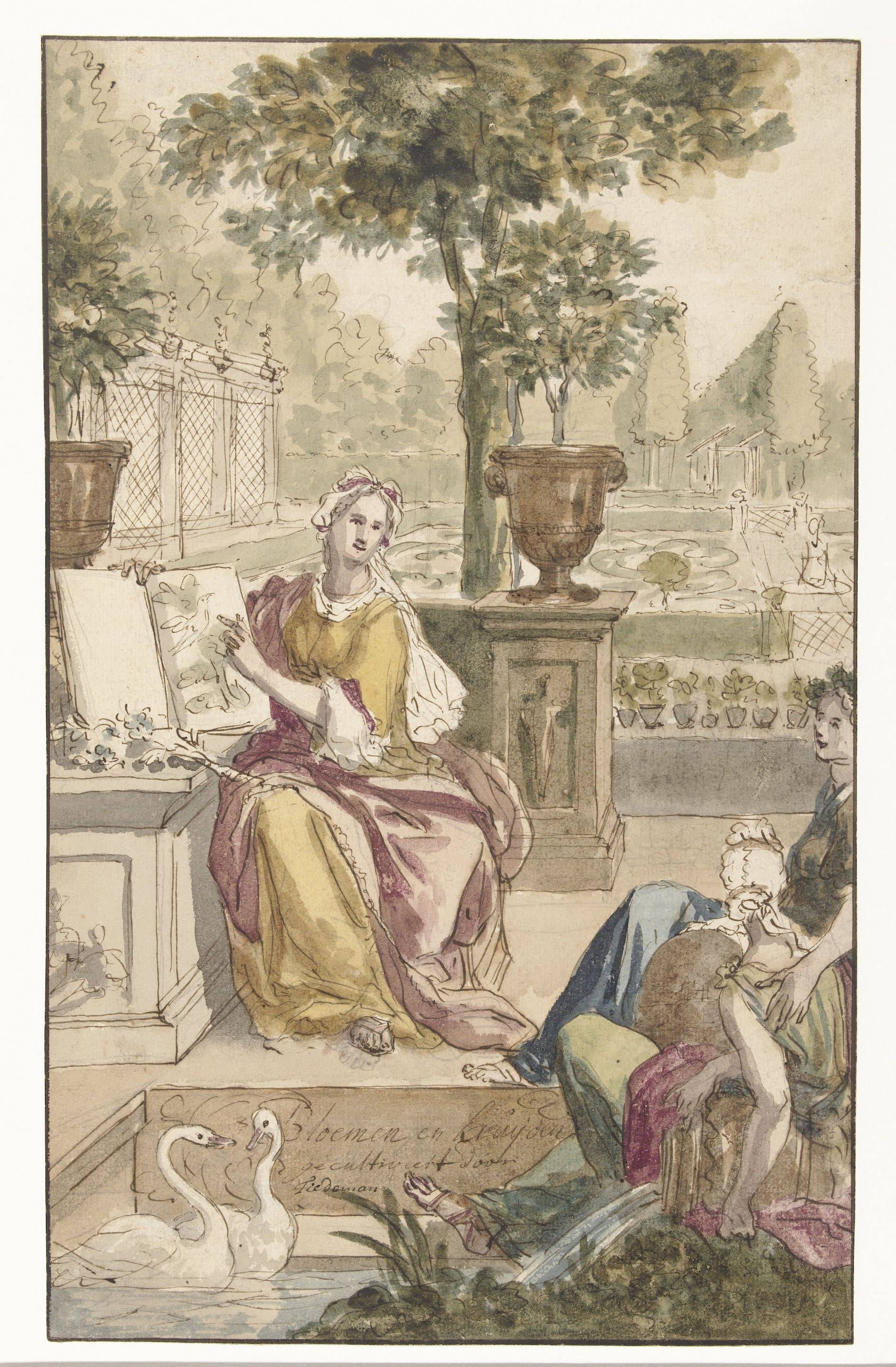 A colored sketch of a woman sitting in a garden, pointing to an open book.